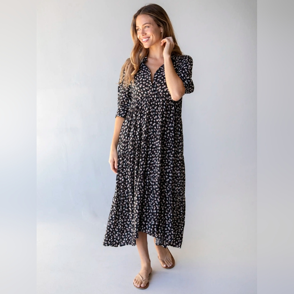 Natural Life Black Cream Roses Rebecca Midi Dress